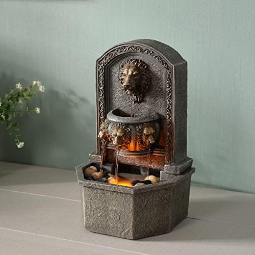 GOSSI 103 Inches Tall Tabletop Classic Lion Head Fountain with Cobblestone and LED Light