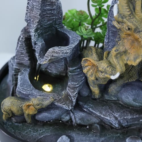Elephant Tabletop Fountain with LED Lights and Rock Features