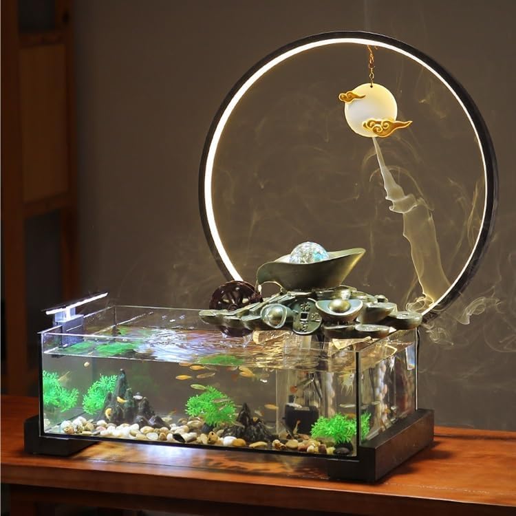 Indoor Water Fountain with Fish Tank Tabletop Decor Zen Waterfall Living Room Fountain Creative Desk Ornament