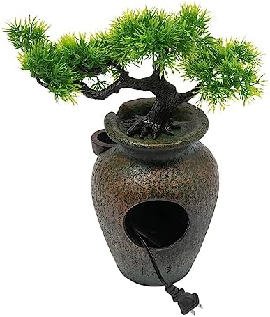 157 Inch Flower Vase Water Fountain Bonsai with Artificial Bouquet and Green Pine Tree Design