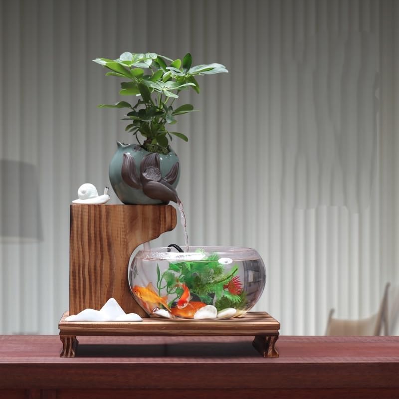 Feng Shui Water Fountain Ornament Elegant Glass Fish Tank with Zen Waterfall