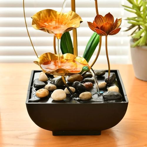 Tabletop Water Fountain with Golden Lotus Design