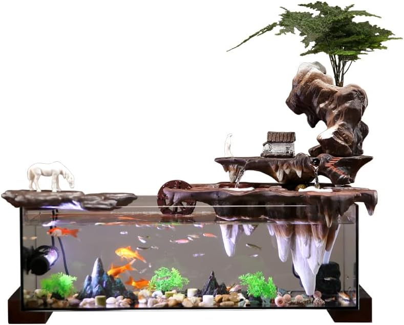 Water Fountain Indoor Fish Tank Decor with Flowing Water Wheel and Zen Waterfall