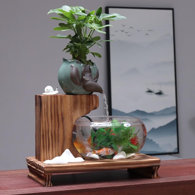 Feng Shui Water Fountain Ornament Elegant Glass Fish Tank with Zen Waterfall