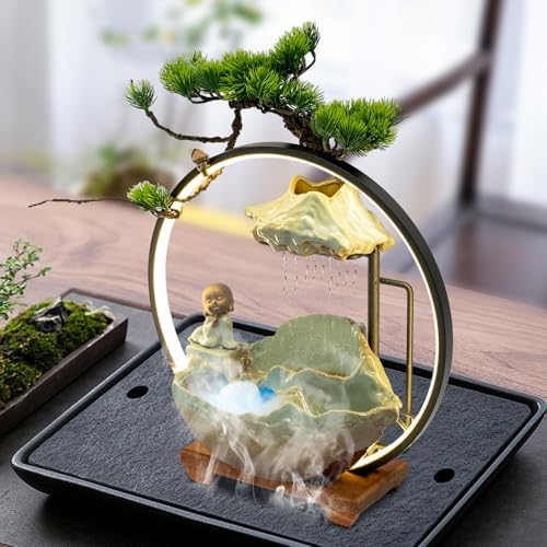 Tabletop Water Fountain with LED Light and Mist for Feng Shui Meditation and Home Decor