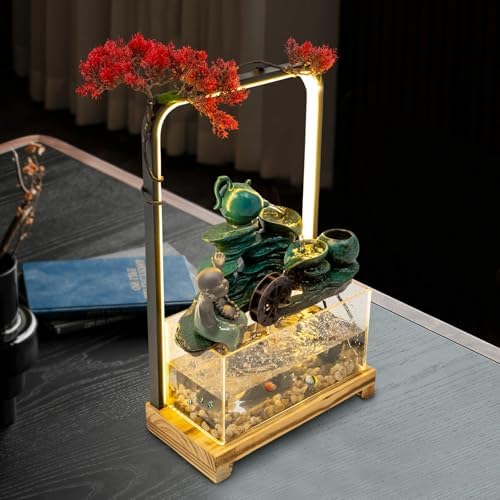 Tabletop Buddha Water Fountain with LED Light and Fake Plants for Meditation and Good Luck Wealth