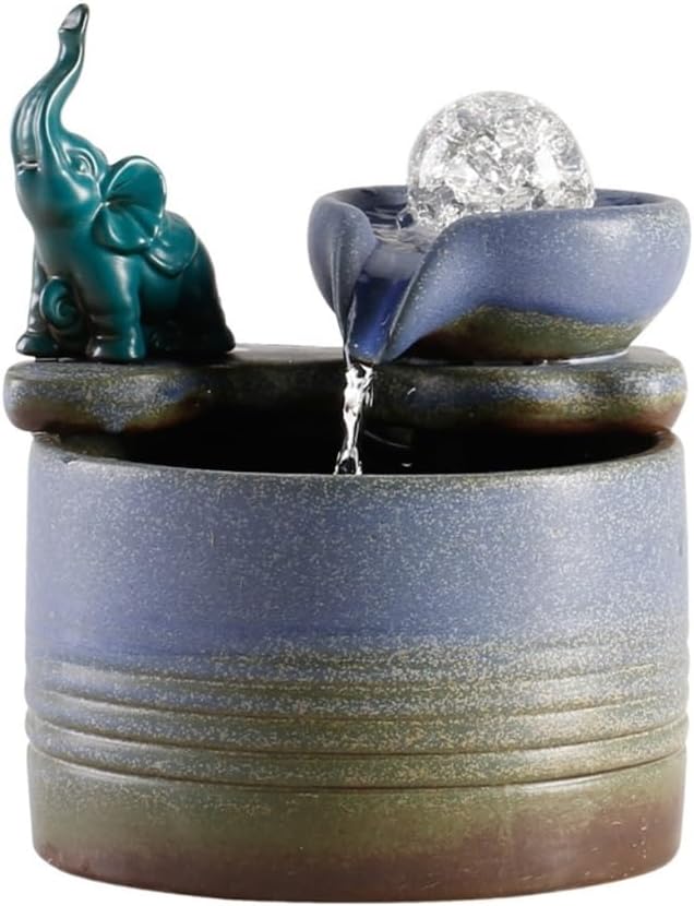 Tabletop Fountain with Ceramic Waterfall Feng Shui Elephant Ornament