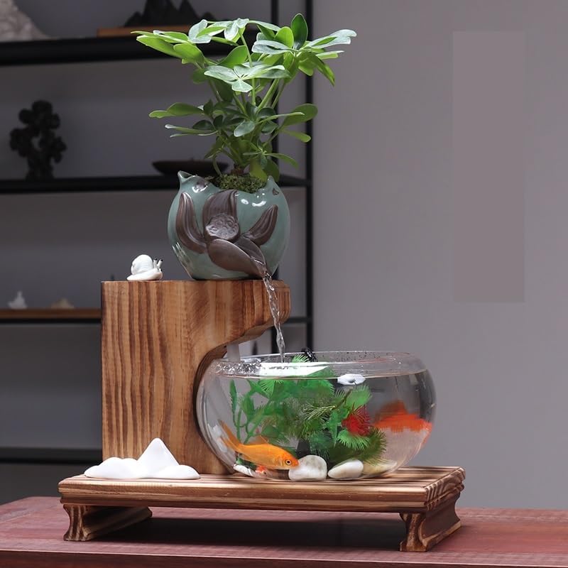 Feng Shui Water Fountain Ornament Elegant Glass Fish Tank with Zen Waterfall
