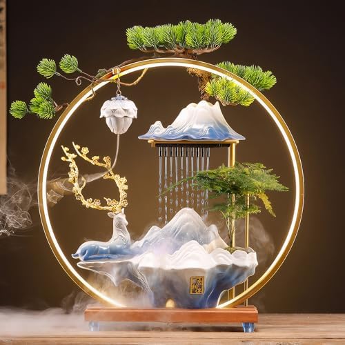 Stylish Ceramic Deer Waterfall Fountain with LED Light and Incense Holder