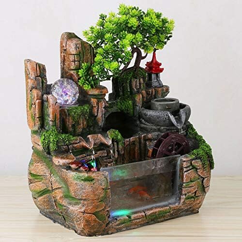 Tabletop Fountain Indoor Small Rockery with Waterfalls and Waterwheel