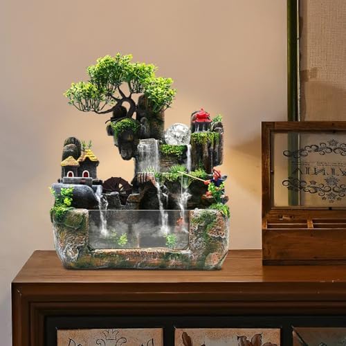 Drarint Tabletop Waterfall Fountain with Fish Tank Decor and LED Lights for Home Office Living Room Meditation