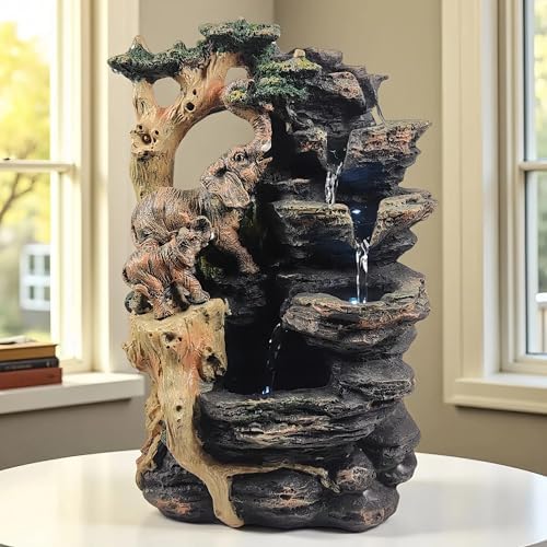LithosKryos Water Fountain with Elephant Sculpture LED Light