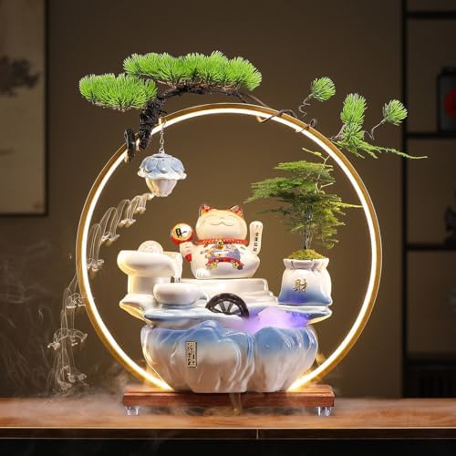 Ceramic Tabletop Waterfall Fountain with Maneki Neko Figurine