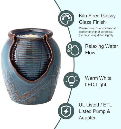 Glitzhome Tabletop Ceramic Jar Water Fountain with LED Light Turquoise Leaf Design 925H