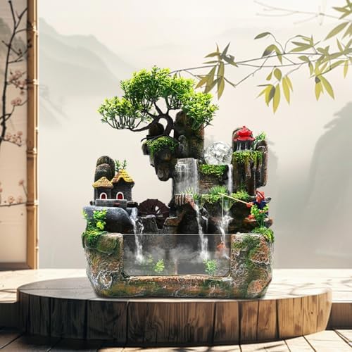 Drarint Tabletop Waterfall Fountain with Fish Tank Decor and LED Lights for Home Office Living Room Meditation