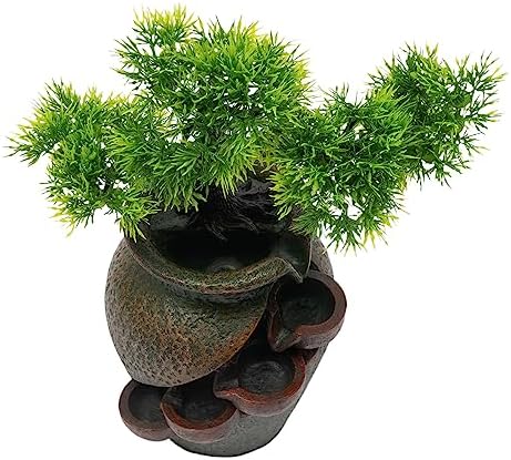 157 Inch Flower Vase Water Fountain Bonsai with Artificial Bouquet and Green Pine Tree Design
