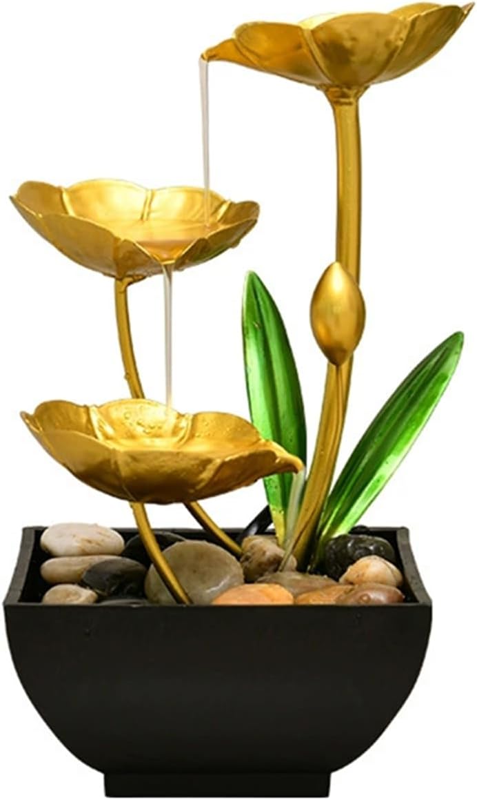 Gold Tabletop Water Fountain with Lotus Design