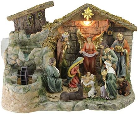 Northlight 11-Piece Pre-Lit Brown Christmas Nativity Figurine Set with Water Fountain 11 Inches