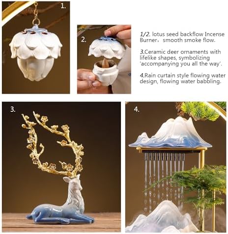 Stylish Ceramic Deer Waterfall Fountain with LED Light and Incense Holder