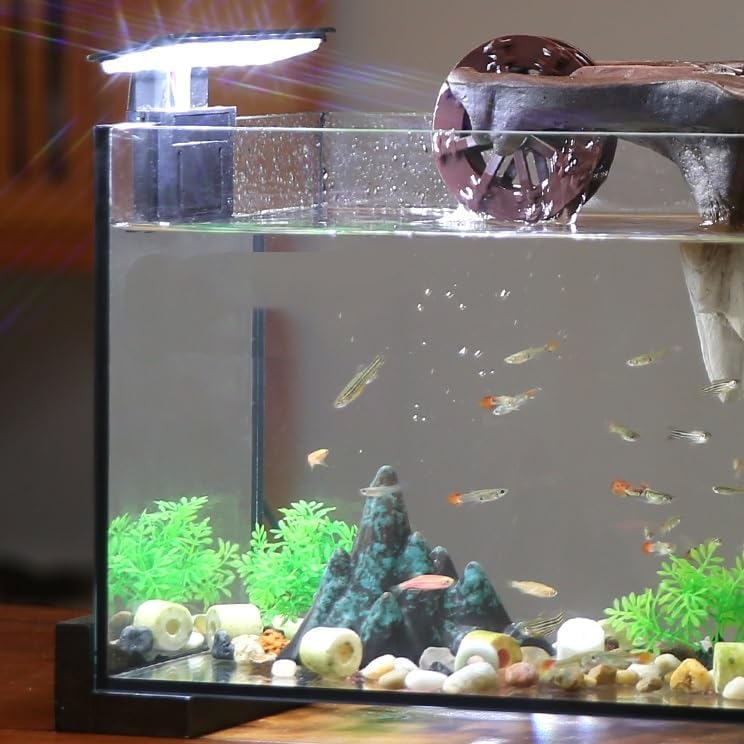 Water Fountain Indoor Fish Tank Decor with Flowing Water Wheel and Zen Waterfall