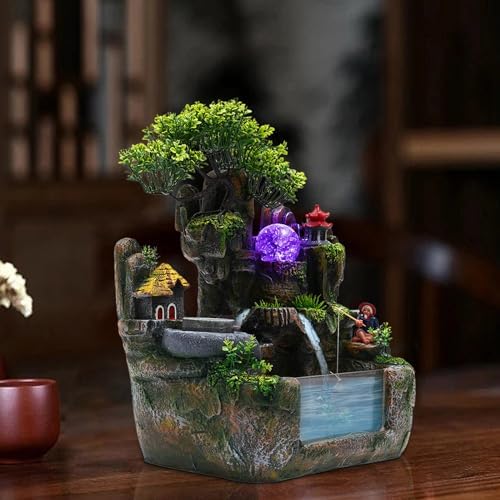 DMSIDN Tabletop Rockery Waterfall Fountain with LED Lights and Atomizer