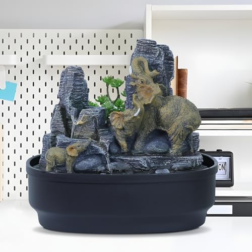 Elephant Tabletop Fountain with LED Lights and Rock Features