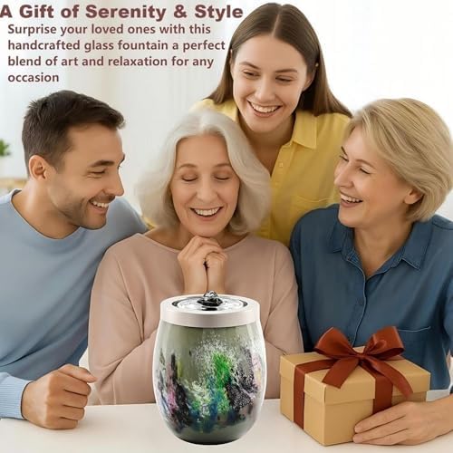 VOREEN Art Glass Tabletop Fountain with White Ambient Light and Aromatherapy