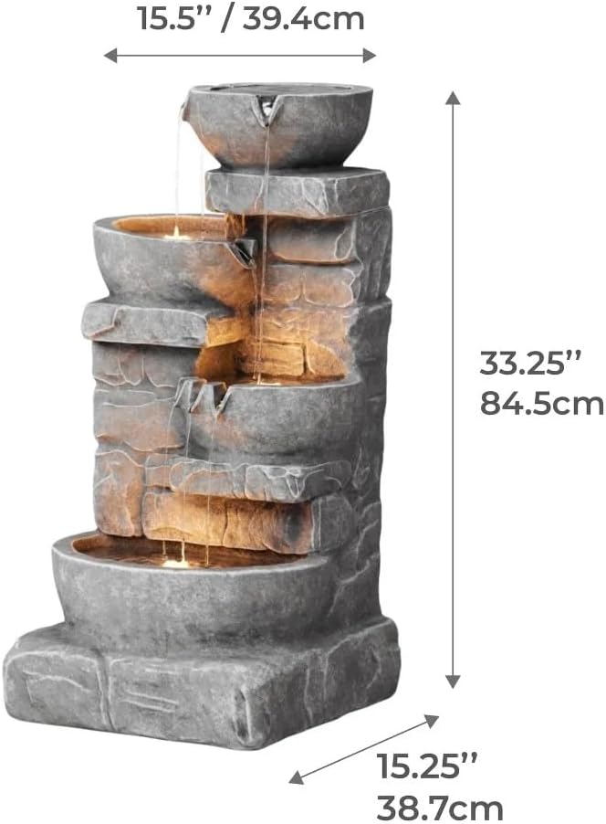 Cascading Bowls and Stacked Stones LED Outdoor Water Fountain