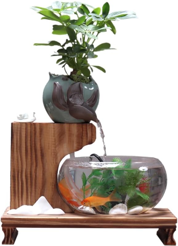 Feng Shui Water Fountain Ornament Elegant Glass Fish Tank with Zen Waterfall