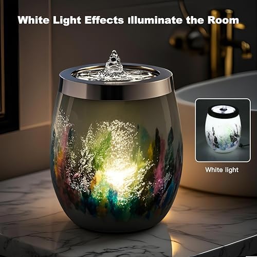 VOREEN Art Glass Tabletop Fountain with White Ambient Light and Aromatherapy