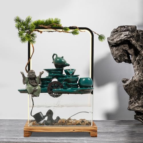Green Welcoming Pine Tabletop Water Fountain with LED Lights