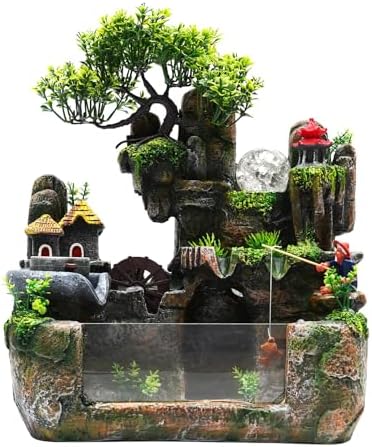 Waterfall Fountain Tabletop with Artificial Tree and LED Light