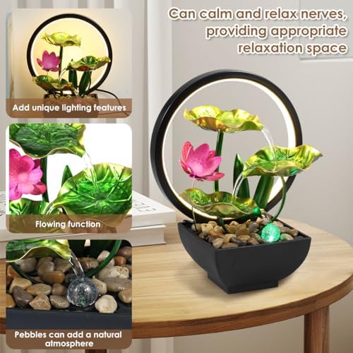 Muyoka Tabletop Fountain 3-Tiers Indoor Waterfall with LED Light and Rocks