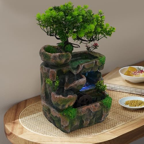 Desk Water Fountain with LED Lights Feng Shui Decor Zen Indoor Ornament for Home Office
