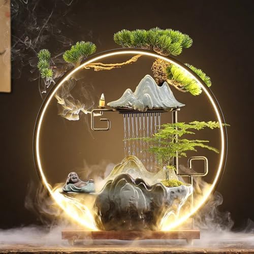 LXLO LED Light Tabletop Buddha Fountain Indoor Zen Waterfall Decor for Meditation and Stress Relief