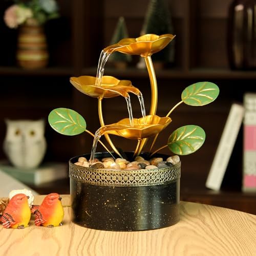 TiCin Tabletop Water Fountain with Gold Lotus Flowers