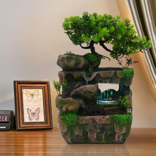 Desk Water Fountain with LED Lights Feng Shui Decor Zen Indoor Ornament for Home Office