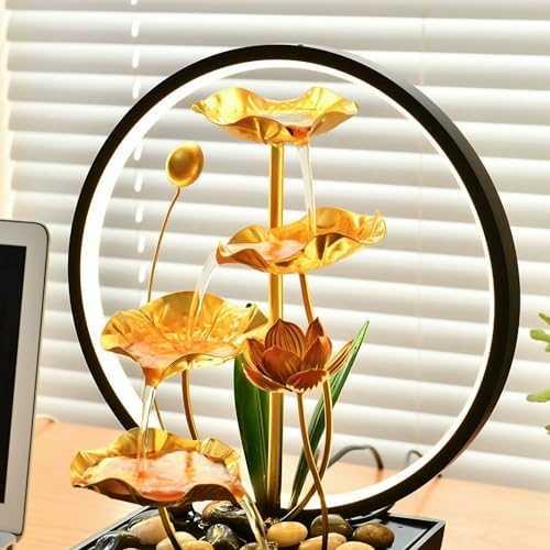 Tabletop Water Fountain with Golden Lotus Design