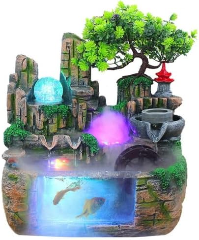 Indoor Rockery Fountain with LED Lights and Bonsai