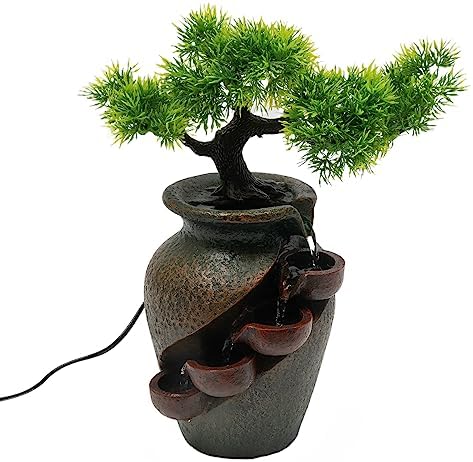 157 Inch Flower Vase Water Fountain Bonsai with Artificial Bouquet and Green Pine Tree Design