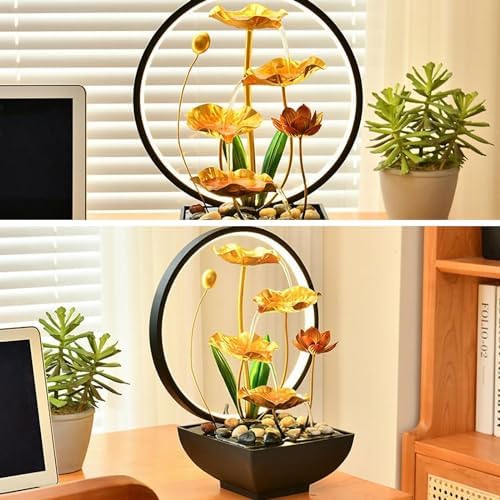 Tabletop Water Fountain with Golden Lotus Design