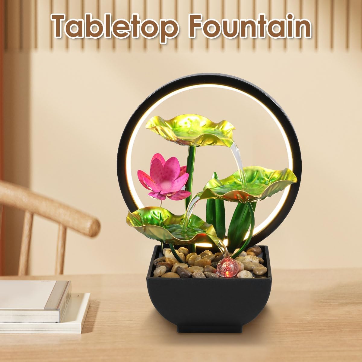 Muyoka Tabletop Fountain 3-Tiers Indoor Waterfall with LED Light and Rocks
