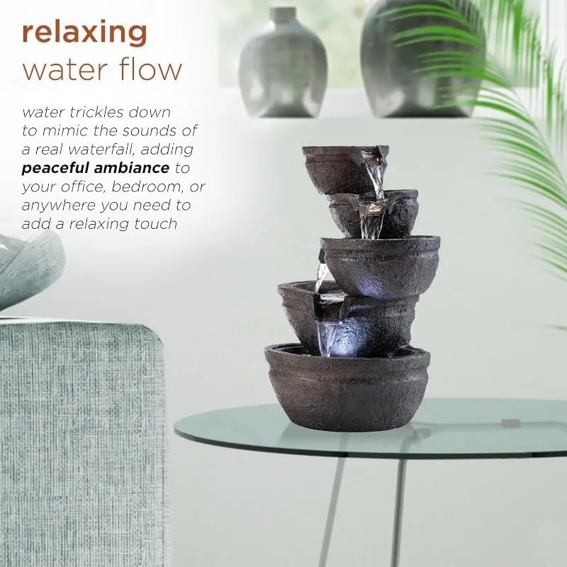 5-Tiered Stone Bowls Water Fountain with LED Lights for Table or Desk