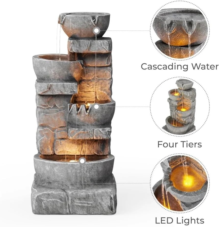 Cascading Bowls and Stacked Stones LED Outdoor Water Fountain