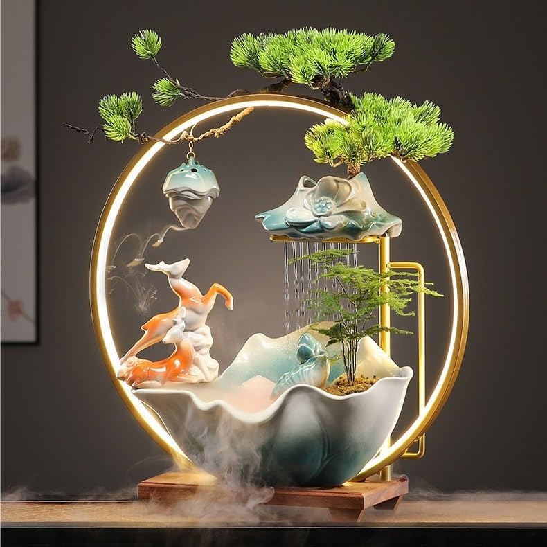 Chinese Style Ceramic Water Fountain for Wealth Attraction Indoor Decor
