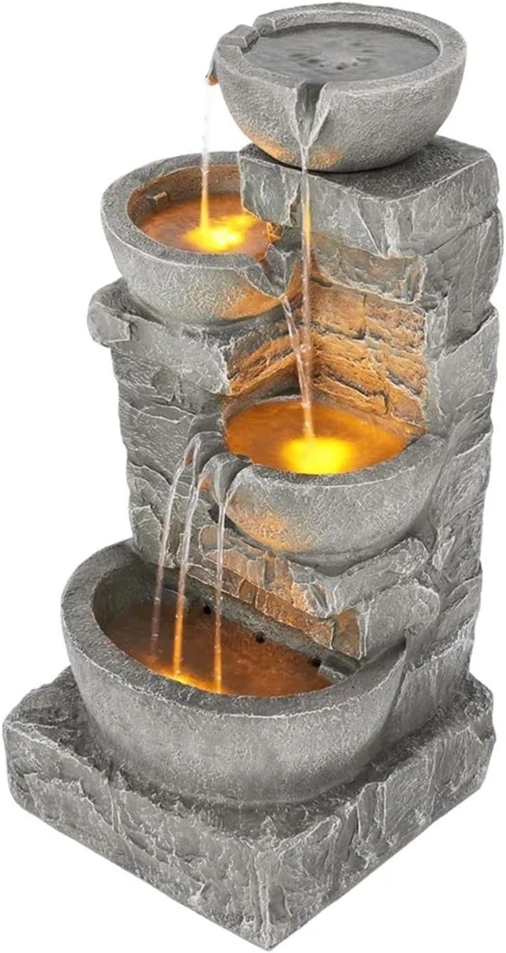 Cascading Bowls and Stacked Stones LED Outdoor Water Fountain