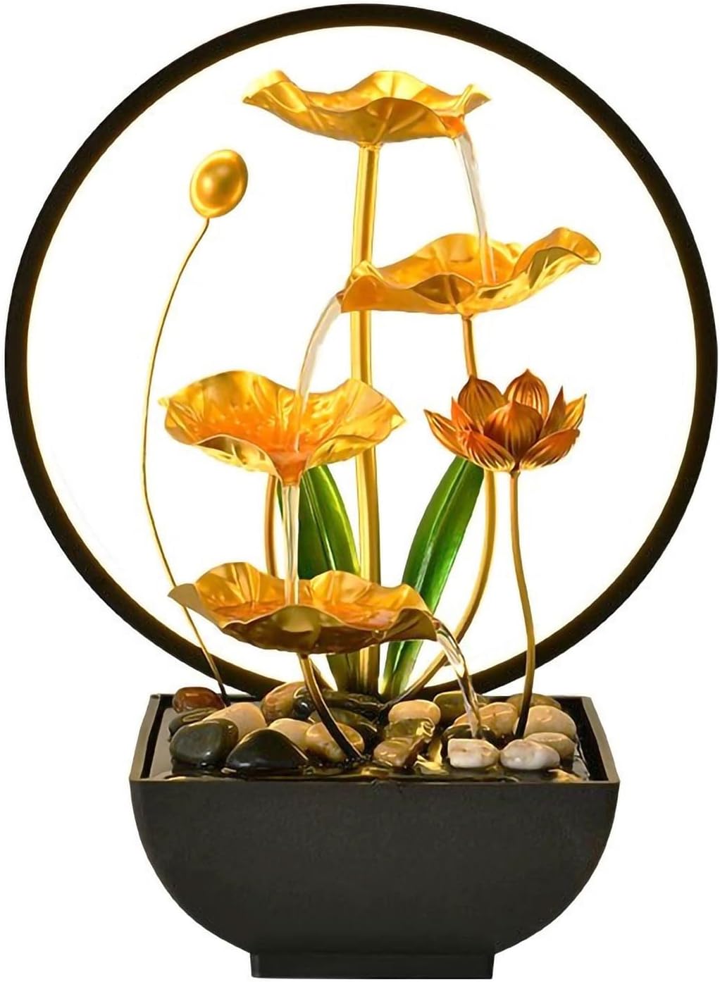 Tabletop Water Fountain with Golden Lotus Design