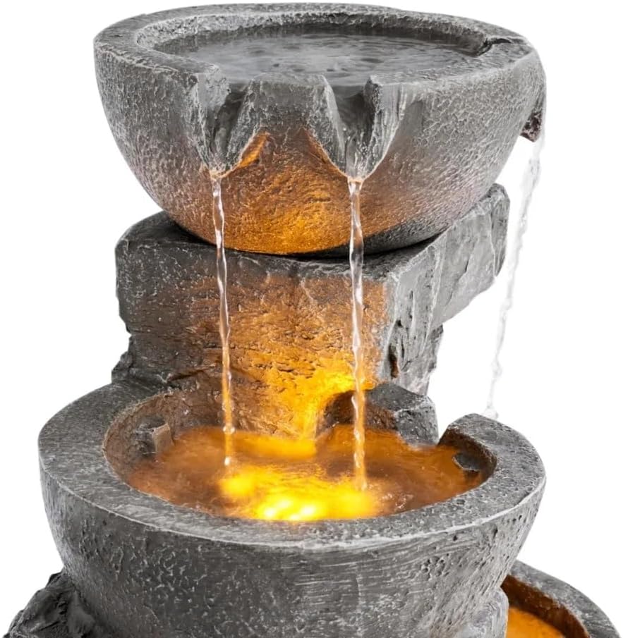 Cascading Bowls and Stacked Stones LED Outdoor Water Fountain