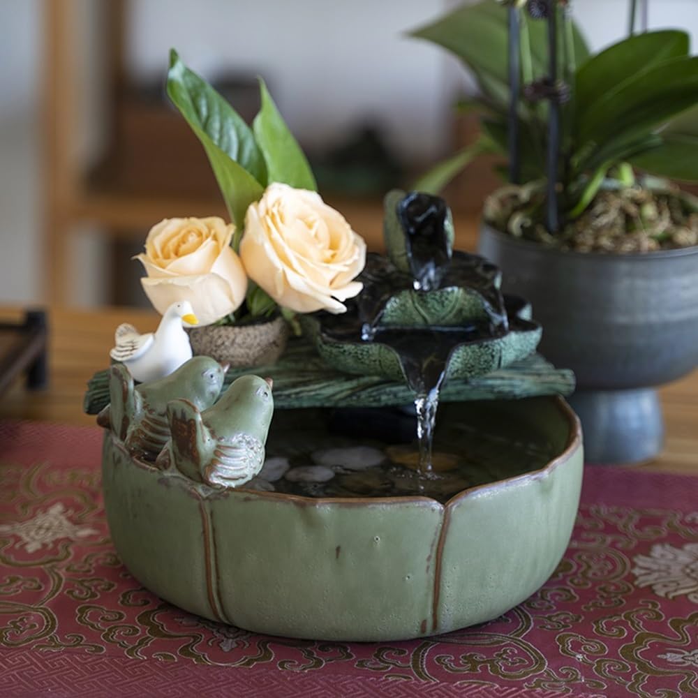 Elegant Desktop Water Fountain with Lotus and Bird Design