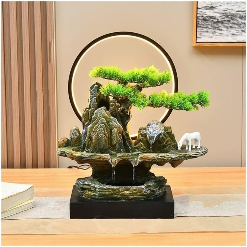 Stylish Tabletop Fountain with LED Light Indoor Rock Falls Decor Chinese Bonsai Style